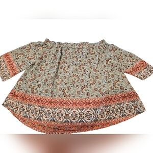 Knox Rose Floral Print Women's Top Size Large Color Light Blue,Orangy Red,White